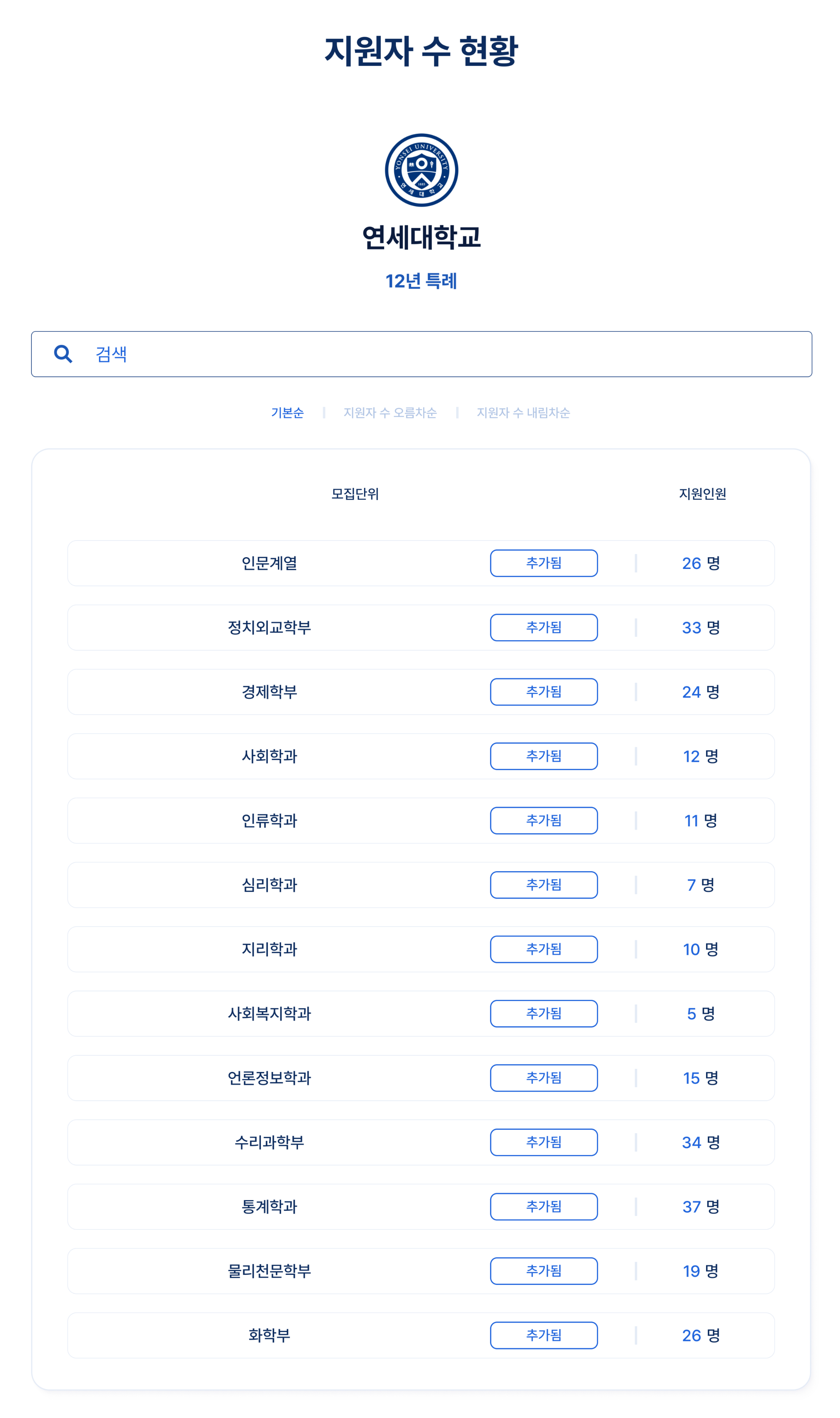 학교, 학과 별 지원자 수 현황을
한눈에 확인 할 수 있습니다. 학교, 학과 별 지원자 수 현황을
한눈에 확인 할 수 있습니다.